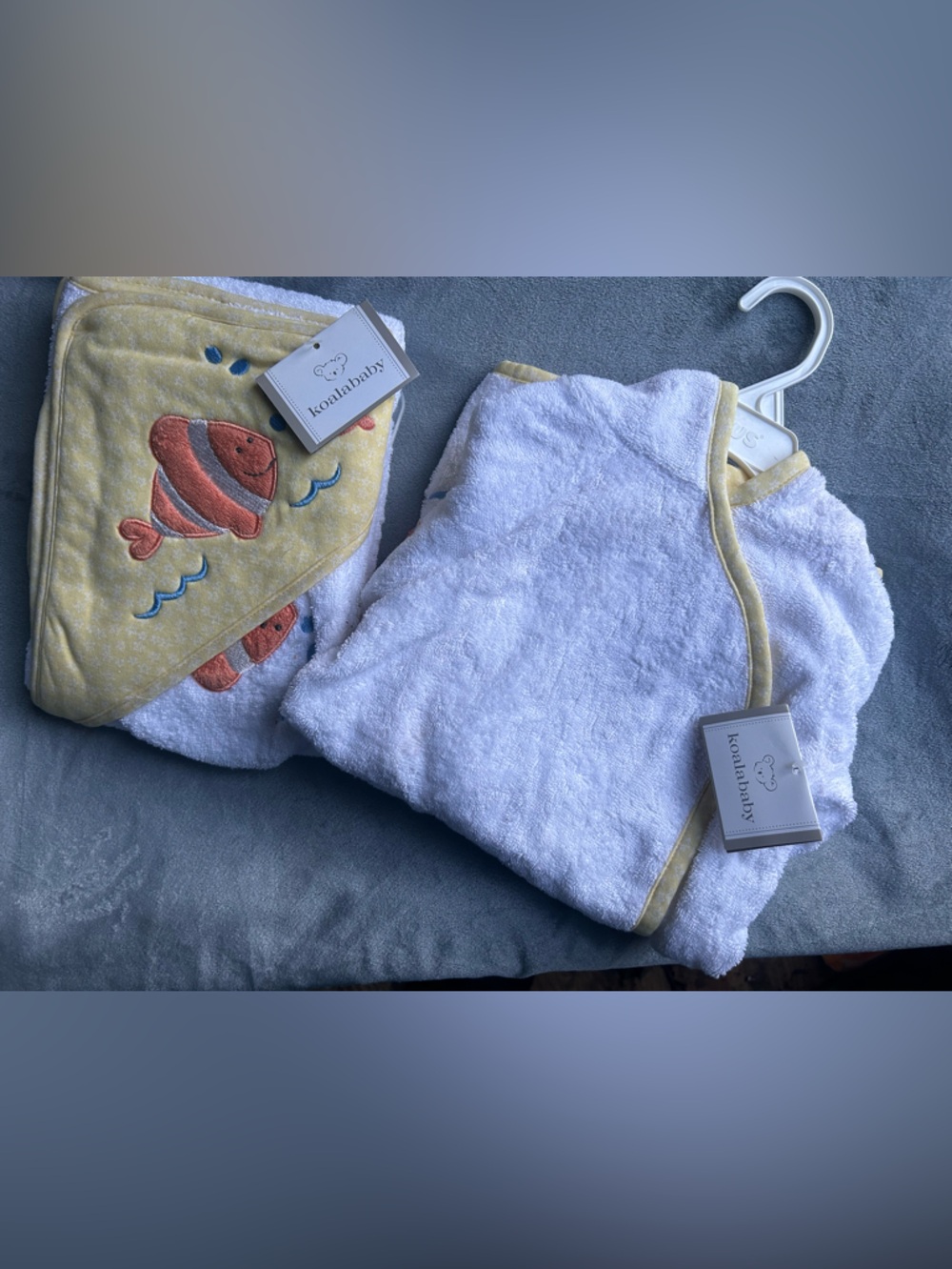 Koala Kids Yellow Hooded Fish Terry Baby Towel Set and bathrobe
